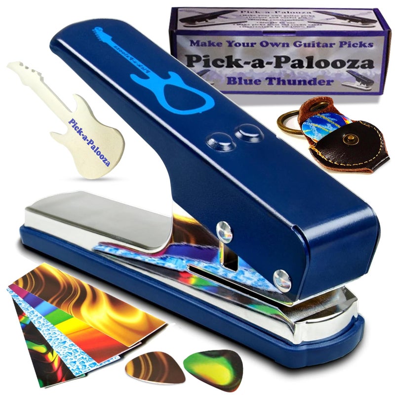 Pick-a-Palooza DIY Guitar Pick Punch - The Premium Guitar Pick Maker and a Leather Key Chain Pick Holder - Gift Pack - Blue - Image 1